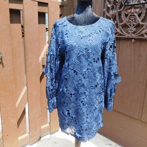 ZARA L Navy Floral Embroidered Applique Dress EEUC